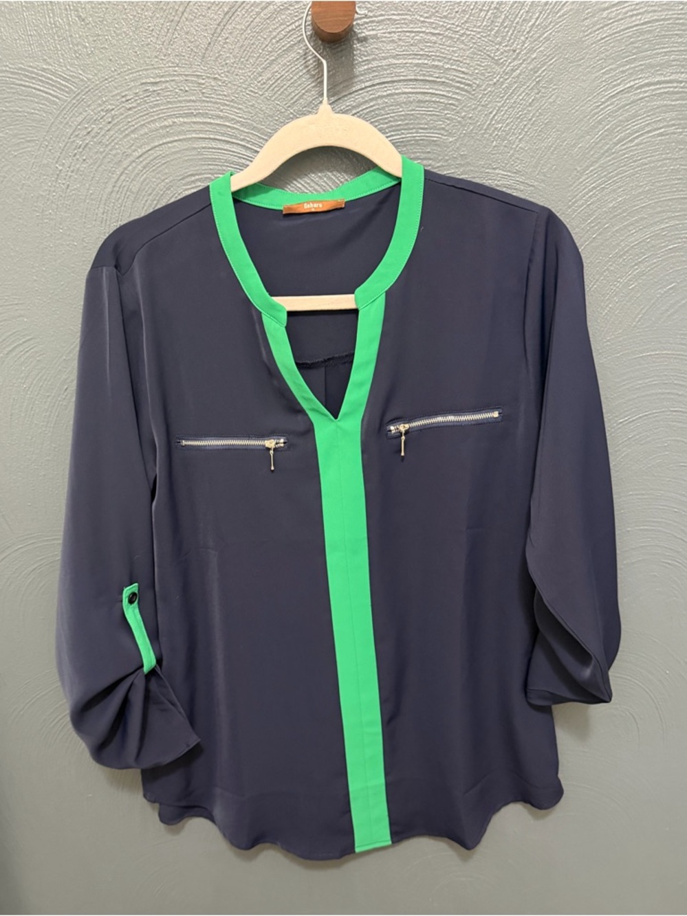Women’s Navy Blouse with Green Trim - Lightweight Contrast Zip Top